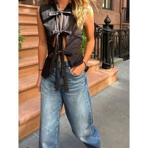 Commense Chic Cotton Knotted Multi-Wear Black Top‎ Bow Detail Small